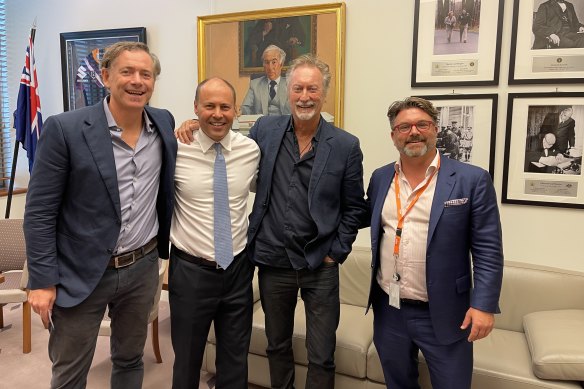 Save our screen: Producer/distributor Paul Wiegard (Madman), Treasurer Josh Frydenberg, actor Bryan Brown and Screen Producers Australia CEO Matthew Deaner.