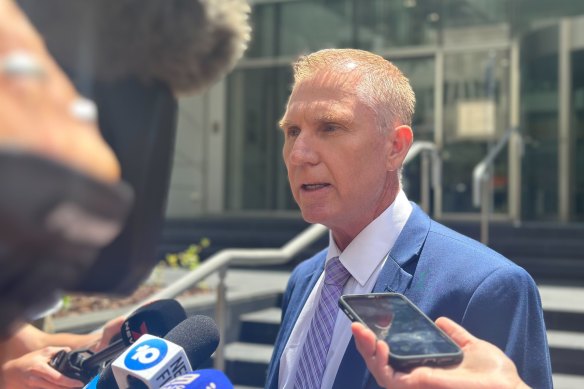 Former Nationals MP James Hayward speaks to media outside Perth District Court on Friday.