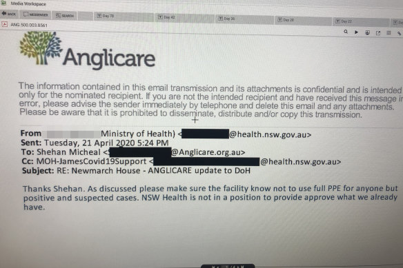 Newmarch got conflicting advice from NSW and federal officials, including this email advising staff not to wear masks unless they were treating residents who had tested positive. 