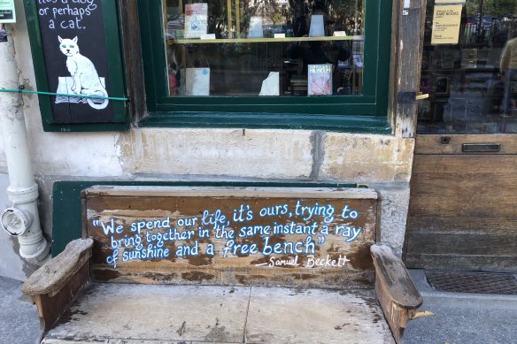 Pull up a pew: the “Beckett bench” outside Shakespeare and Company.