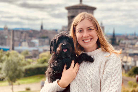 Ellen Tyrrell and her dog, Hilde, who is stuck in Doha due to COVID-19.