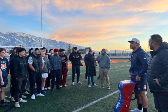 Spencer Leniu attends a training session with the Brighton Bengals junior rugby union team.