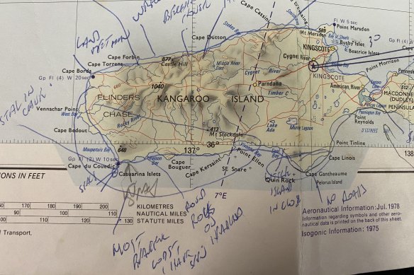 A photo of the map of Kangaroo Island from Dick Smith’s flight in 1984. Pointing towards the coast just west of Hanson Bay is the comment, “Most beautiful coast I have seen.” 