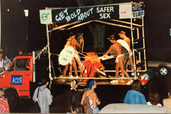 ACON's float at Mardi Gras in 1986 encouraged safe sex.