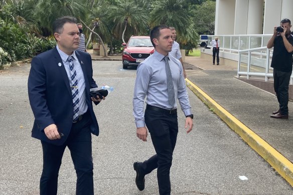 Zachary Rolfe with Northern Territory Police Association president Paul McCue at the Darwin Supreme Court on Wednesday.