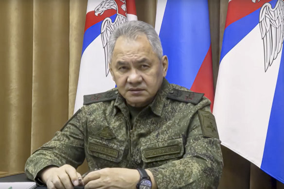 Russian Defence Minister Sergei Shoigu speaks during his meeting with the top Russian military commander in Ukraine, General Sergei Surovikin. Russia’s military has announced that it’s withdrawing from Ukraine’s southern city of Kherson and nearby areas. 