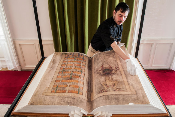 Codex Gigas, thought to be the world’s largest medieval illuminated manuscript, on display in the National Library.