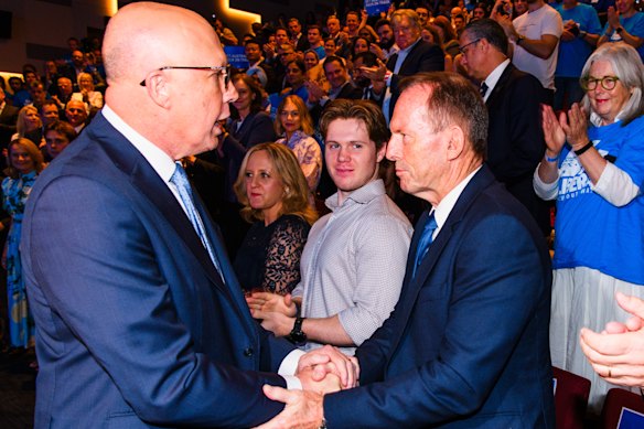 Peter Dutton and former prime minister Tony Abbott at the Liberal Party campaign launch.