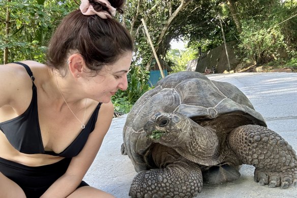 The writer meets Papaya, La Digue’s resident giant tortoise.