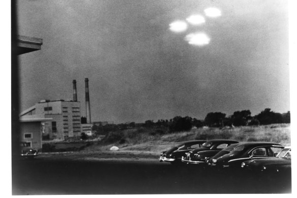 These spooky unidentified objects were photographed at 9:35am on July 15, 1952 over a parking lot in Salem, Massachusetts. 