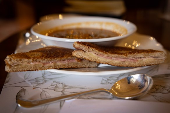 Lunch at Admiralty House: curried chickpea soup and croque madame.