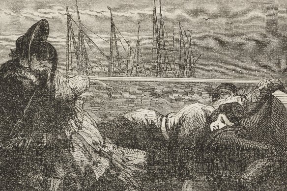 Vagrants sleeping on a bench in London depicted by Henri Durand-Brager in 1862, just two years after Dickens published <i>Night Walks</i>.