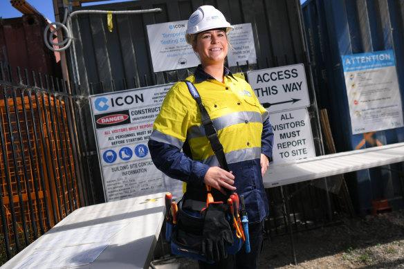 Electrical apprentice Samantha Wells outside East Keilor Leisure Centre redevelopment site.