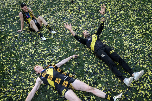 Alex Rance revels in the Tigers' grand final victory with teammates David Astbury and Dylan Grimes.