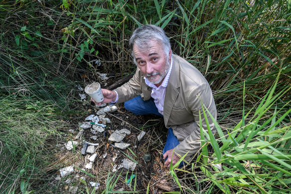 Yarra riverkeeper Andrew Kelly with polystyrene waste.