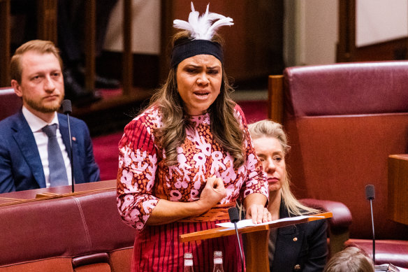 Liberal Senator Jacinta Price delivering her first speech in the Senate.