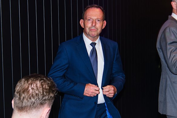 Tony Abbott at Peter Dutton’s election night party at the W Hotel in Brisbane.