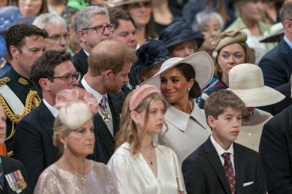 Making their own official appearance at the Jubilee’s thanksgiving service at St Paul’s Cathedral, Prince Harry and Meghan are now very much second-row royals. 