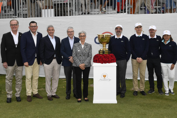 PGA Tour commissioner Jay Monahan stands on Andrews’ left at the opening ceremony of the Presidents Cup at the Royal Melbourne golf club in December 2019.