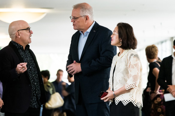 Scott Morrison (centre) and Gladys Liu (right) talk with Syndal Baptist Church pastor Chris Danes on Friday.