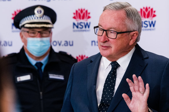 At the daily COVID 19 briefing in Sydney this week, Health Minister Brad Hazzard and Deputy Police Commissioner Gary Worboys. 