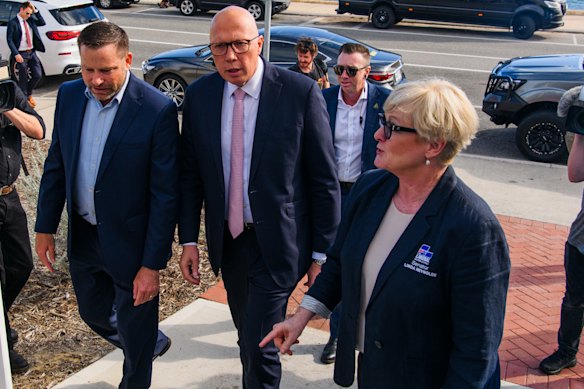 Peter Dutton on the campaign trail with the Liberal candidate for Pearce Jan Norberger and Liberal senator Linda Reynolds.
