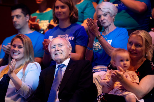 Supporters at the western Sydney rally with former prime minister John Howard, and Helen Perrottet with daughter Celeste (right).