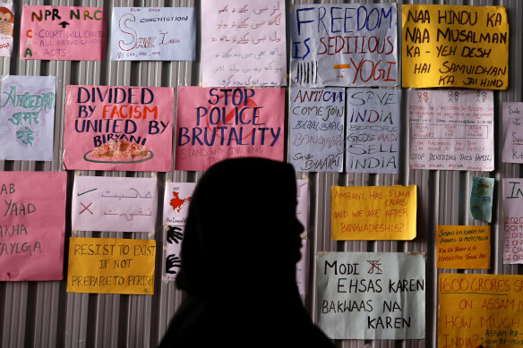 Placards displayed in Bangalore during a protest against a new citizenship law that opponents say threatens India's secular identity.