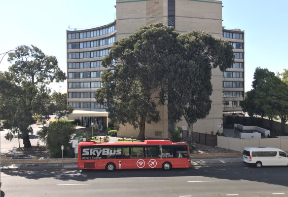 A Skybus outside the Holiday Inn at Melbourne Airport on Wednesday morning.