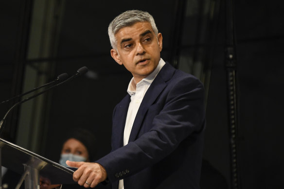 Re-elected mayor of London Sadiq Khan after the result declaration at City Hall, London.