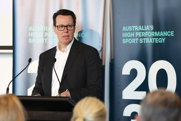 Perkins at the launch of Australia’s high-performance 2032-plus sport strategy.