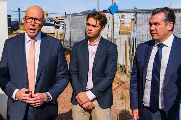 Peter Dutton was accompanied by son Harry and Liberal housing spokesman Michael Sukkar on a visit to the Bacchus Marsh suburb of Maddingley, north of Melbourne, on Tuesday. 



