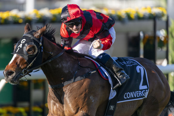 Converge wins the JJ Atkins Stakes in June at the Brisbane Carnival.