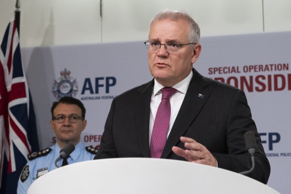 Prime Minister Scott Morrison at the Operation Ironside announcement last week, where he urged the Parliament to pass laws bolstering police powers.