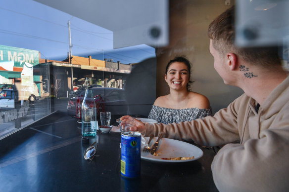 Anastasia Schank and Luke Lewin were the last dine-in customers at Espresso 155 in Ascot Vale on Wednesday.