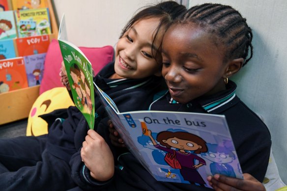 Clayton South Primary students Jay Rose Garcia and Sienna Thea are learning to read using systematic synthetic phonics. 