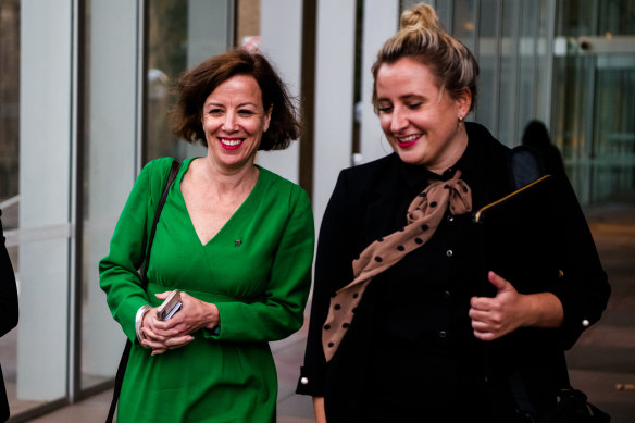 Dyer (at left, with her lawyer Emma Johnsen) outside the Federal Court in Sydney in May last year, at the start of her case against Chrysanthou.