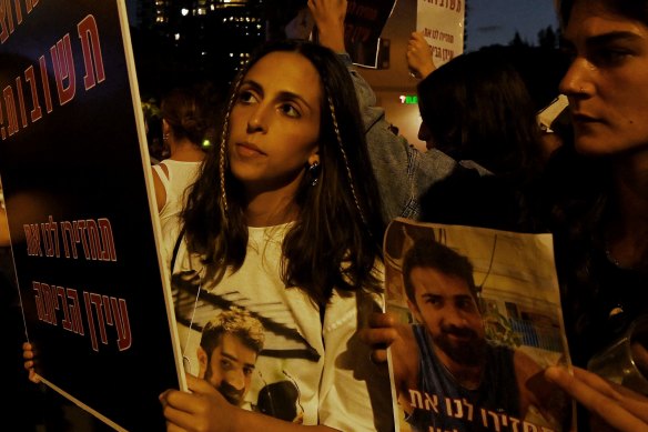 Stav Levi, the girlfriend of 28-year-old Idan Shtivi, at the Tel Aviv vigil.