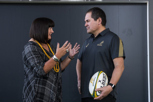 Raelene Castle and Dave Rennie at the latter's unveiling at Rugby Australia headquarters in January.