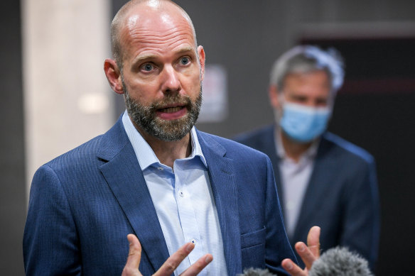 COVID commander Jeroen Weimar speaking to the media last Wednesday when Melbourne’s lockdown was extended.