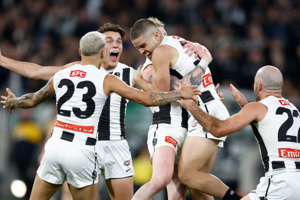 Lachie Sullivan celebrates his first AFL goal.