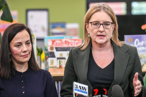 Disability Minister Lizzie Blandthorn (left) with Premier Jacinta Allan in March.
