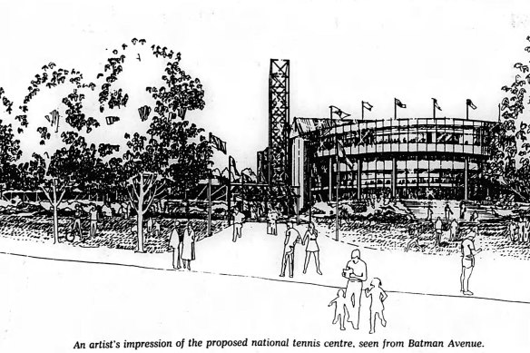 An artist's impression of the National Tennis Centre published in The Age on June 27, 1985.