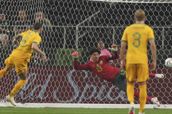 Martin Boyle scores Australia’s second goal from the penalty spot.