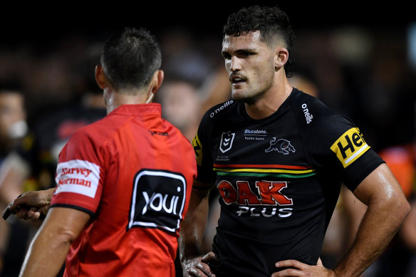 Penrith’s Nathan Cleary goes on report for his tackle on Bronco Billy Walters on Friday night.