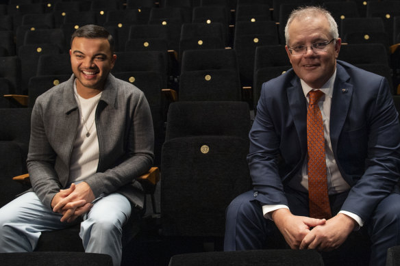 Singer Guy Sebastian with Prime Minister Scott Morrison at the announcement of a $250 million arts rescue package in June 2020.