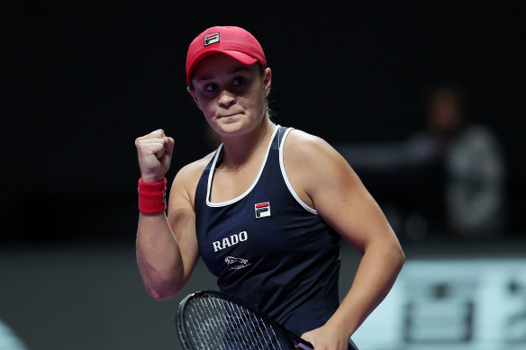 Ashleigh Barty celebrates winning match point against Belinda Bencic on day one of the 2019 WTA Finals in Shenzhen on Sunday.