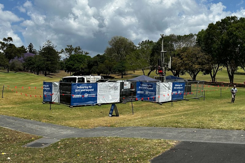 Geotechnical study equipment behind fencing in Brisbane’s Victoria Park last month. The park will host the main athletics stadium for the 2032 Olympics.