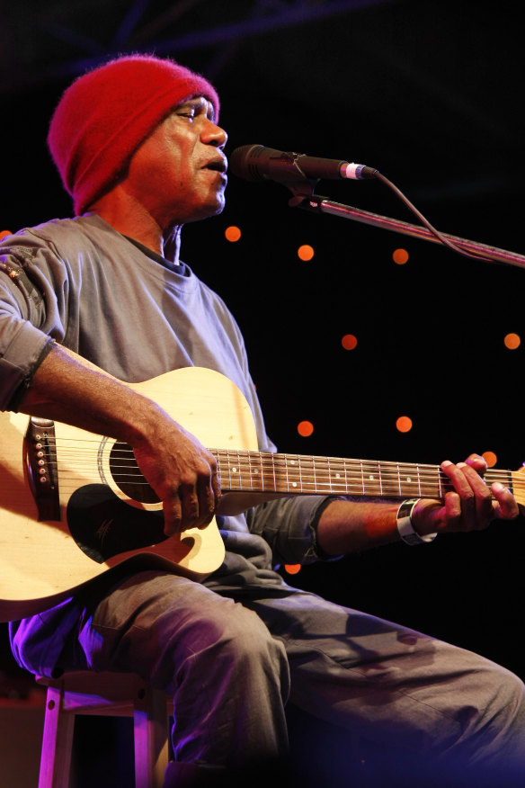 Port Fairy Folk Festival. Archie Roach performs after arriving from the funeral of Ruby Hunter.