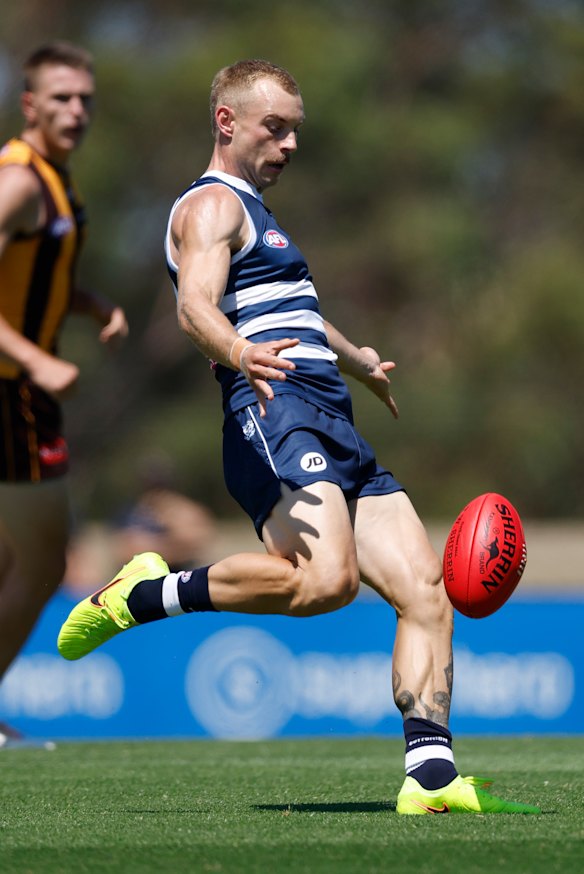 James Worpel stepping out for the Cats in Monday’s match simulation against his former club, hawthorn.